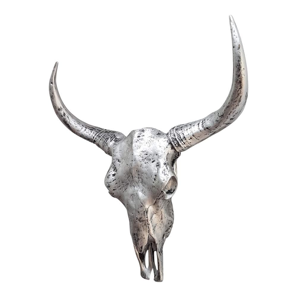 Dasmöbelwerk XXL decorative bull head sculpture, longhorn skull in antique silver, 65 cm