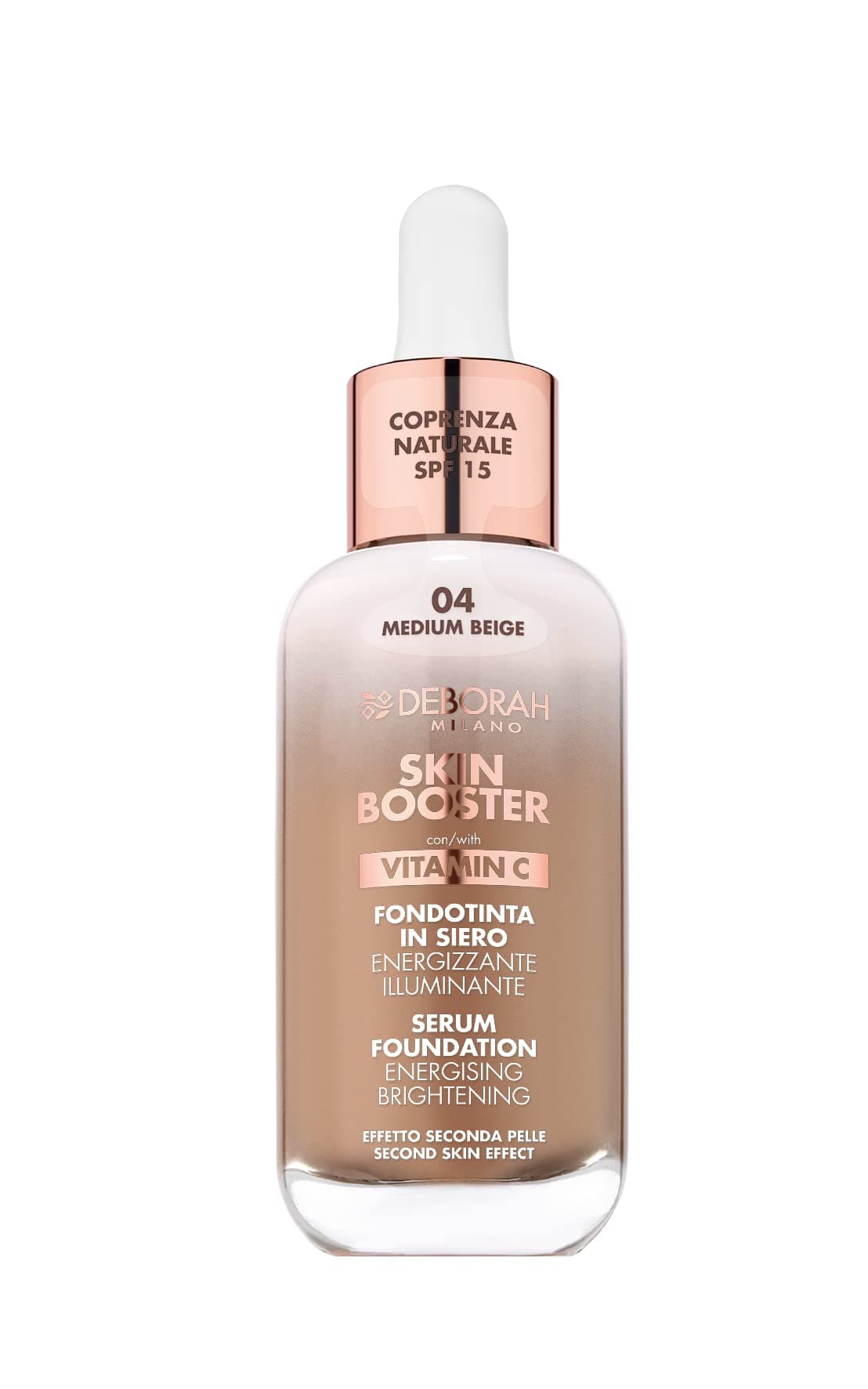 Deborah Milano - Skin Booster Fondotinta in Siero SPF 15, N.4 Medium Beige, Energizzante e Illuminante, con Vitamina C, 30 ml