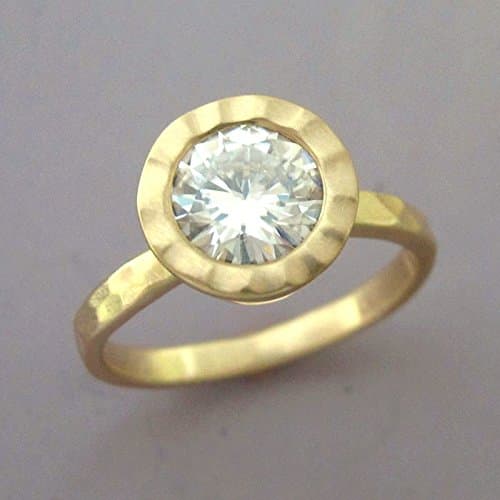 7 mm Forever Brilliant Moissanite Engagement Ring in 14k Yellow Gold - Hand Hammered with Hammered Bezel