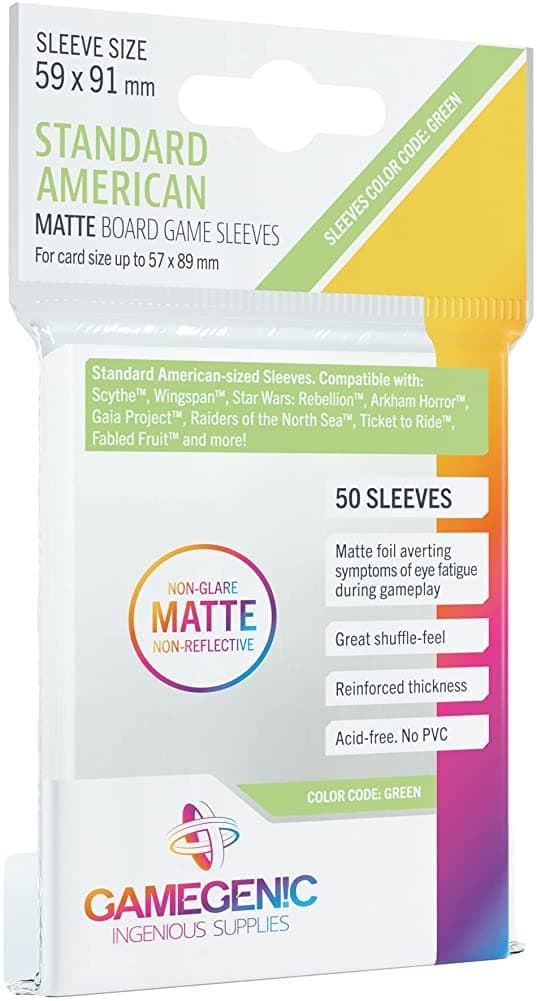 Matte Board Game Sleeves | Pack of 50 Matte Sleeves | 59 by 91 mm Card Sleeves Optimized for Standard American Card Games | Premium Card Protection | FFG Green Color Code | Made by Gamegenic
