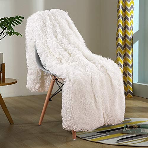 YOH Shaggy Sherpa Reversible Throw Blanket, Fuzzy Longfur Faux Fur Decorative Couch Bed Furry Throws, Super Soft Fluffy Fleece Microfiber Blankets for Outdoor Indoor Camping (60x50 Inches) Ivory White