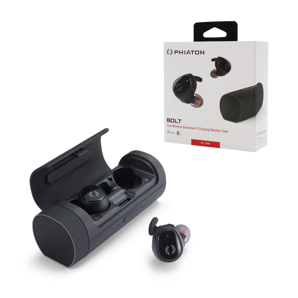 Phiaton Bolt BT 700 Bluetooth Earphones, True Wireless Earbuds with a Charging Speaker Case, Noise Reduction Earbuds, Stereo Sound, Dual MEMS Mic, Voice Command, 20 Hrs. Playtime, Black