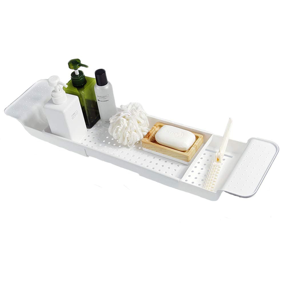 BlueSpace Bathtub Tray Caddy Plastic Shower Organizer Trays with Extending Sides Bath Kitchen Shelf (White)