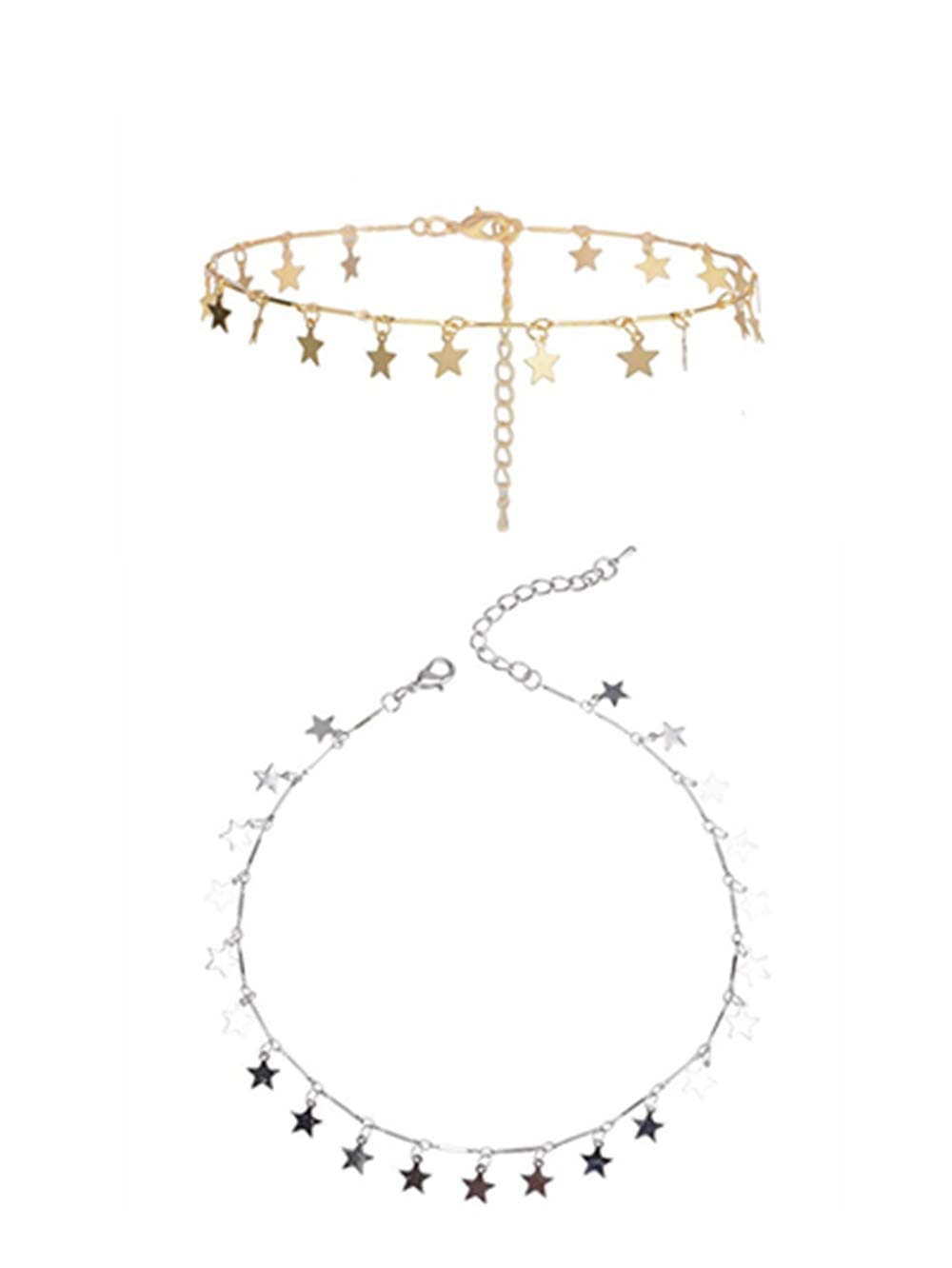 (2 Pieces Silver and Golden) Lucky Star Choker Necklace Pendant Disc Chain Statement Necklace for Women Girls