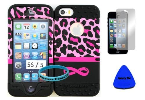 Hybrid Rocker Kool Case Cover for Iphone 5s Pink Leopard with Infinity Logo Hard Plastic Protective Cover Case on Black Silicone Gel. (Included: Wristband, Screen Protector, and Pry Tool Exclusively By Wirelessfones Tm)