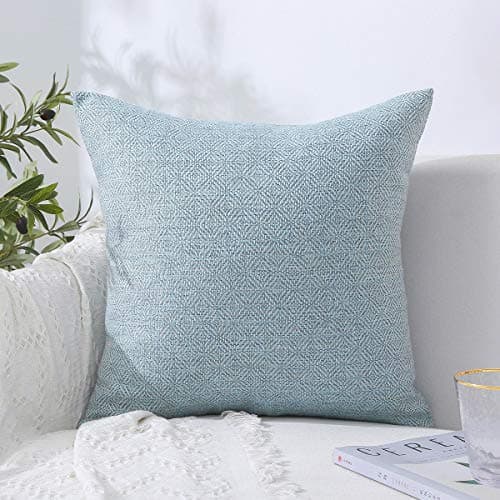 Jepeak Burlap Linen Throw Pillow Cover Rhombus Textured Pillowcase, Farmhouse Decorative Square Cushion Cover for Sofa Couch Bed (Light Cyan/Grey, 20x20 Inch)