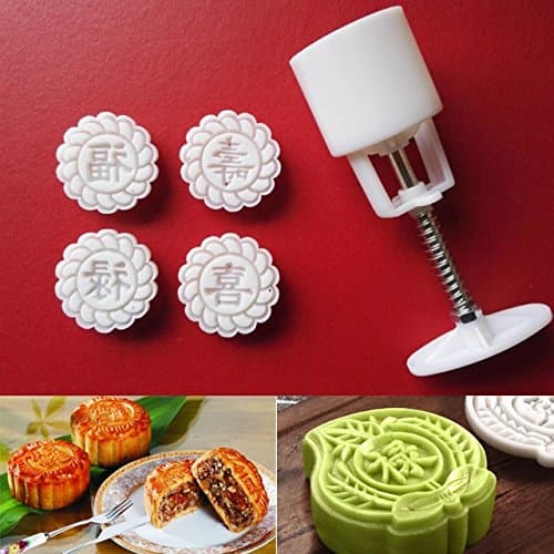 Moon Cake Mold-ViewHuge White 4 Flower Stamps 1 Barrel Moon Cake Mould Chinese Festival Mooncake Molds Set Hand Pressure Pastry Baking Tools Gadgets