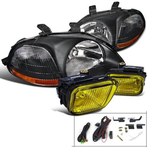 Spec-D Tuning Black Headlights W/Yellow Fog Lamp Switch Kit for 1996-1998 Honda Civic 2/3/4Dr Left + Right Pair