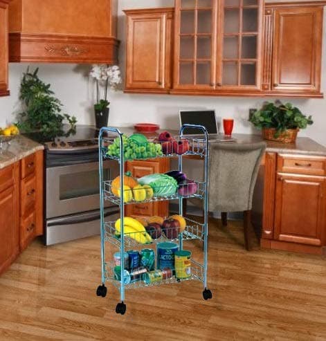 AQS INTERNATIONAL 4 Tier Chrome Trolley Kitchen Fruit & Vegetable Rack On Wheels Stand Cart Deep Storage Kitchen Trolley