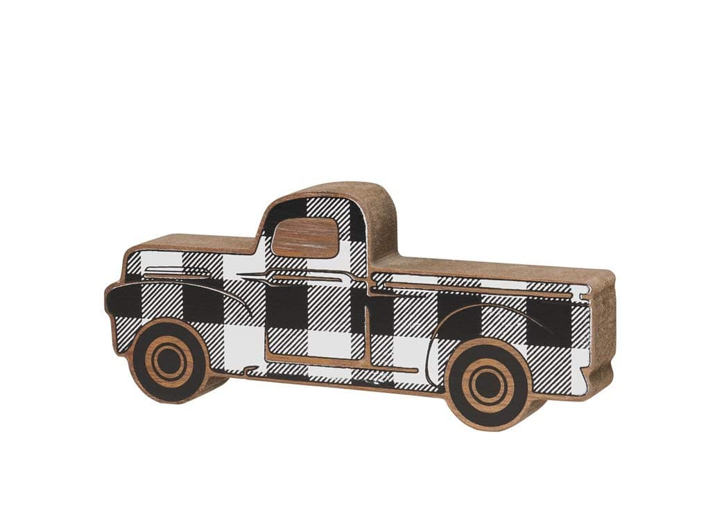 CollinsRustic Wooden Pickup Truck Shelf Sitter Black & White Farmhouse Decor Farm Decoration (Plaid, Small)