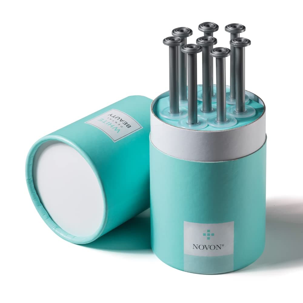 White Dental Beauty Teeth Whitening Kit; 8 Syringes of 1.2 ml Tooth Whitening System Powered by NOVON® Technology. Includes Kit, Boil and Bite Whitening Trays, and Case (5% Carbamide Peroxide)