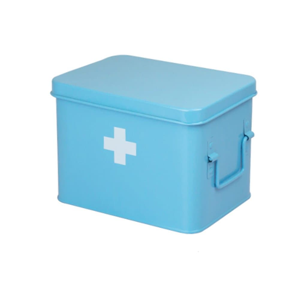 YESCO Cute Red with White Cross Metal Pill Case Family Iron Steel Medicine Storage Box Empty Portable First Aid Kits Medicine Cabinet Case Household Pill Organizer for Home (Small Without Lock, Blue)