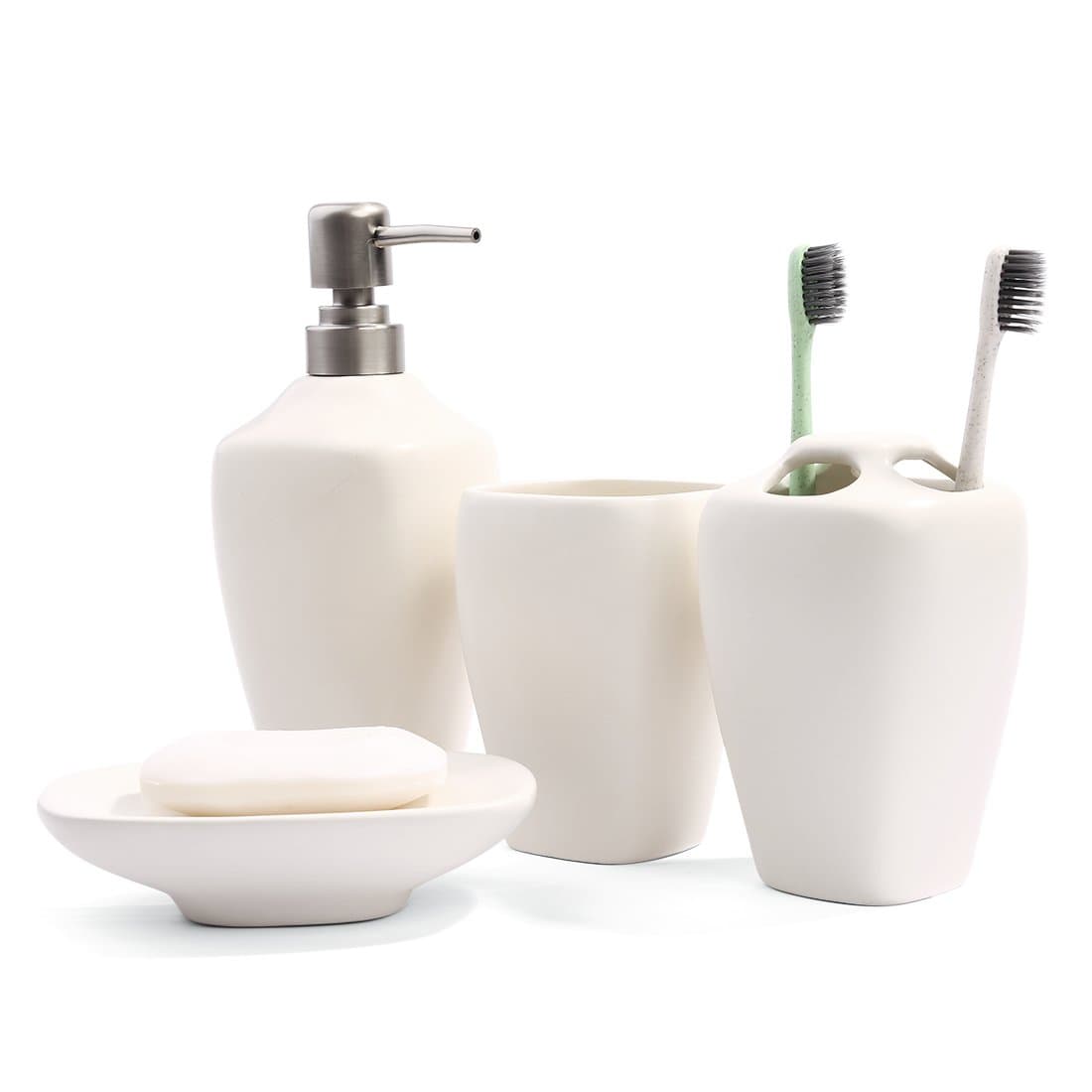 PEHOST 4pc Bathroom Accessory Set - Modern Vanity Organiser Kit Include Toothbrush Holder, Toothbrush Cup&Soap Dispenser, Soap Dish (White)