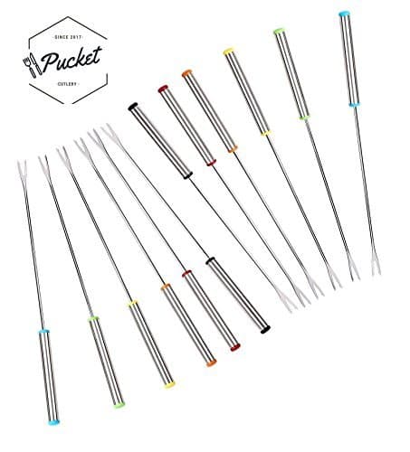 Pucket - Set of 12 Premium Stainless Steel Fondue Forks 9.5" – 2 x Color Coding Forks with Heat Resistant Handle - Perfect For Cheese, Meat, Chocolate, Marshmallow Fondue