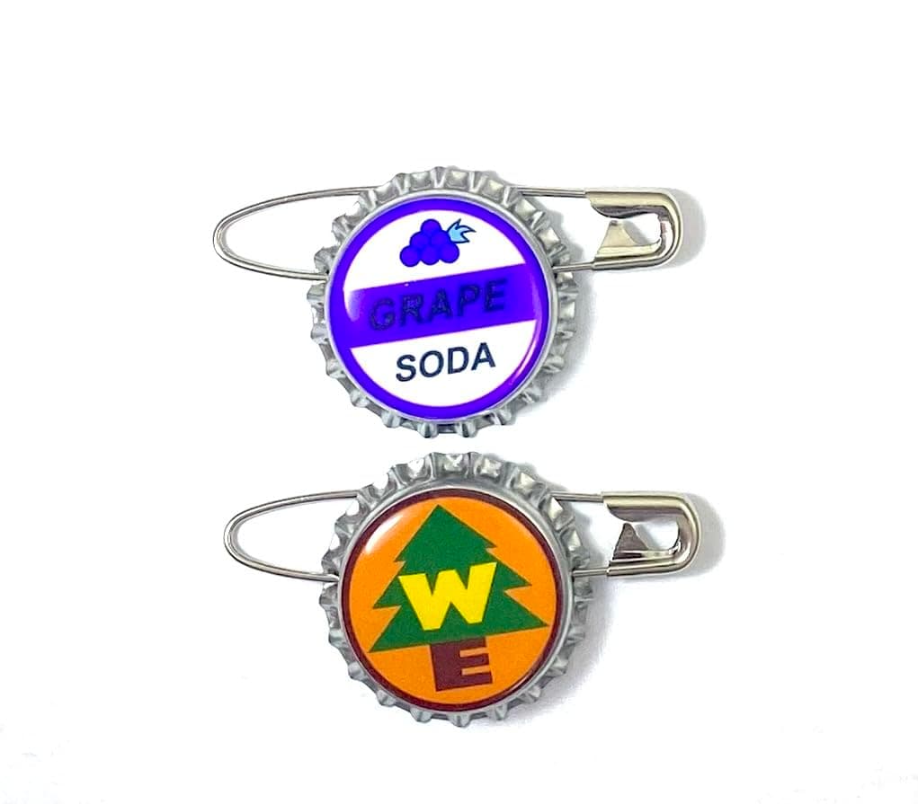 Set of 2 Replica WE & ELLIE BADGE GRAPE SODA BOTTLECAP COILESS SAFETY PIN!"UP" & Sticker Gift Bags With COILESS SAFETY PIN
