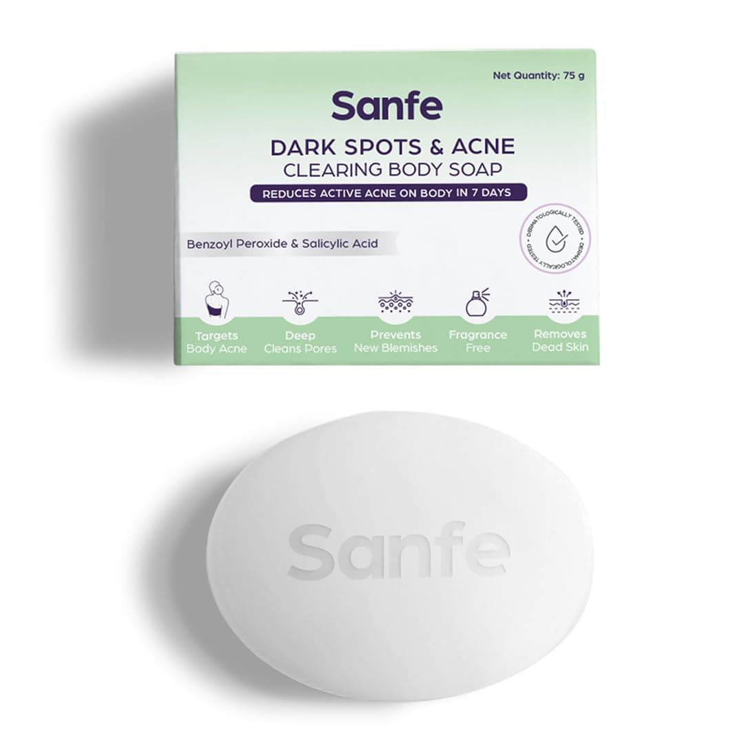 Sanfe Dark Spots & Acne Clearing Body Soap | Prevents Body Acne, Bumpy Skin & Fades Dark Spots | Salicylic Acid 2% W/W, Benzoyl Peroxide | Non Drying Formula (Pack of 1)