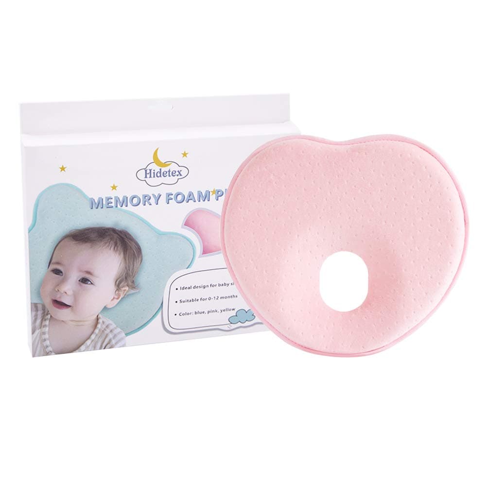 Hidetex Baby Pillow - Preventing Flat Head Syndrome (Plagiocephaly) for Your Newborn Baby,Made of Memory Foam Head- Shaping Pillow and Neck Support (0-12 Months)(Heart Pink)