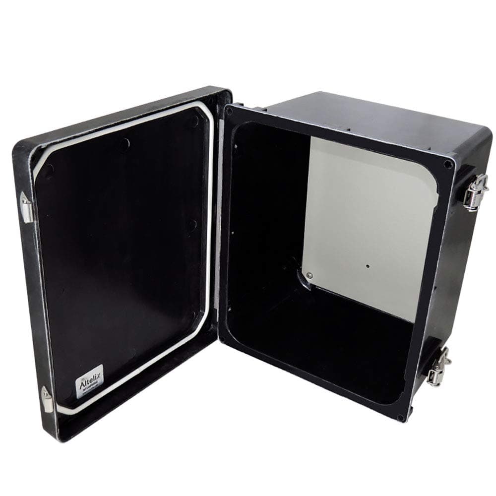 Altelix 10x8x6 Stealth Black FRP Fiberglass NEMA 4X Box Weatherproof Enclosure with Aluminum Equipment Mounting Plate, Hinged Lid & Stainless Steel Latches