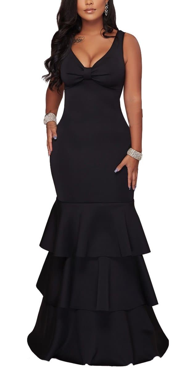 Women Sexy Evening Gown V-Neck Elegant Ruffle Sleeveless Cocktail Maxi Bodycon Dress Party Black