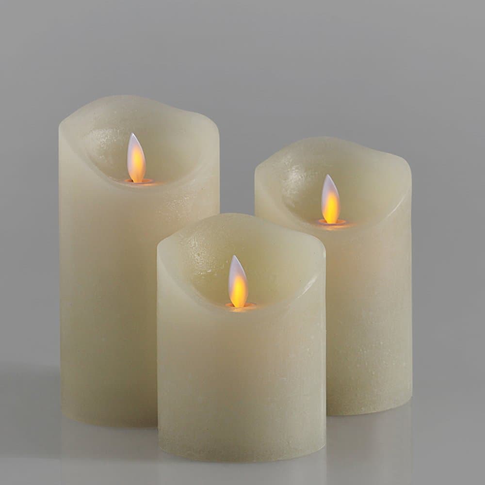 AIR ZUKER® Dancing Flame LED Candle Real Flame-Effect Real Wax Moving Wick Flameless Candle with Timer [10-Key Remote Control] [Rustic Finish Candle, Ivory Color] - Set of 3