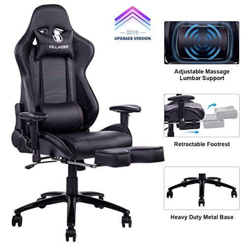 【Upgrade Version】KILLABEE Big and Tall 350lb Massage Gaming Chair Metal Base - Adjustable Massage Lumbar Cushion, Retractable Footrest High Back Ergonomic Racing Computer Desk Leather Office Chair