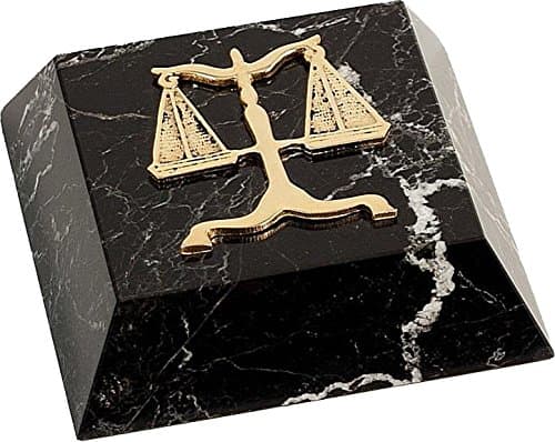 Bey-Berk R25L Black Zebra Marble Paperweight with Antique Gold Plated Legal Emblem