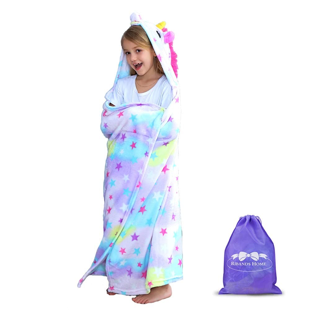 RIBANDS HOME Hooded Unicorn Blanket| Silky Soft Wearable Hoodie Blanket for Kids, Toddlers, Children| Animal Hoodie Cloak, Throw Blanket w/Horn & Mane| Rainbow Sparkle