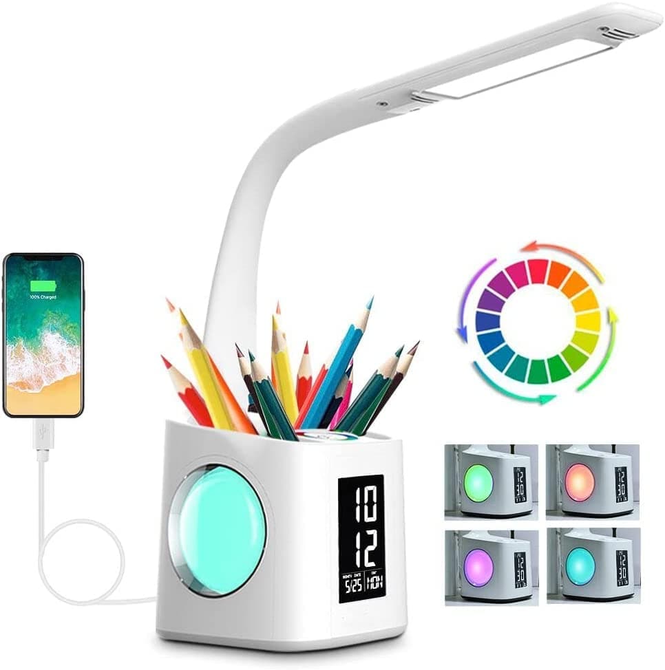 Wanjiaone Study LED with USB Charging Port Screen Calendar with pen holder and alarm dimmable Desk Reading Light