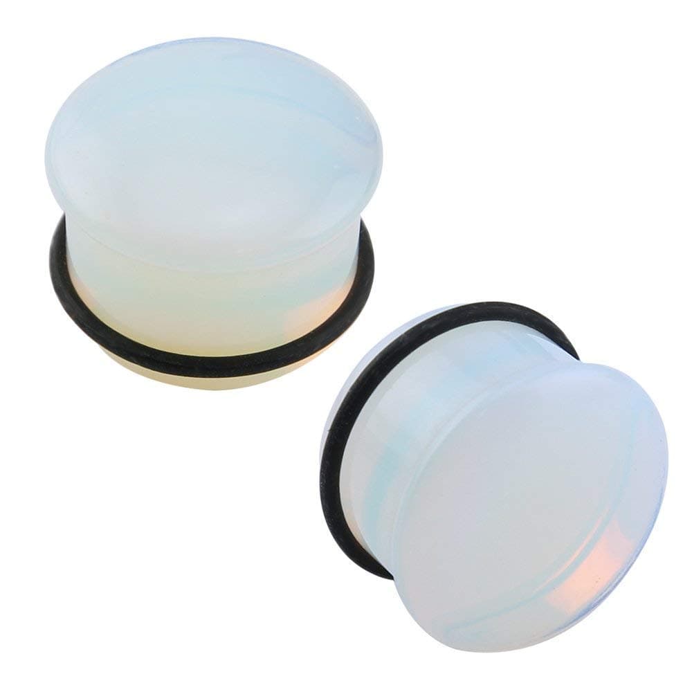 Simple Flare Pair of Clear Opal Moonstone Ear Plugs and Tunnels with O-Ring