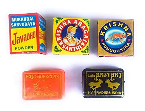 Abiria Holy Pooja Pack of 5 Items- Divine Incense Set- Javadhu, Punugu, Aragaja, Kasturi and Gorojanam(Small Multicolour)