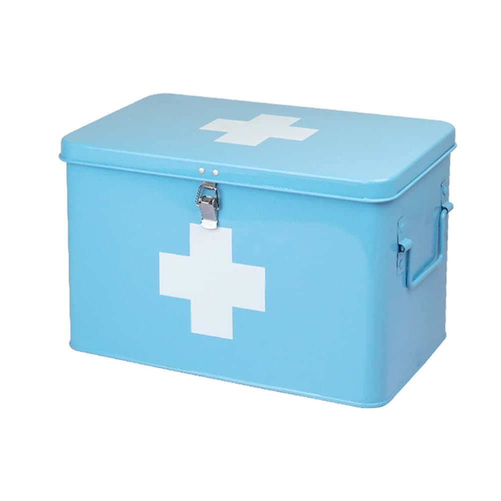 YESCO Cute Red with White Cross Metal Pill Case Family Iron Steel Medicine Storage Box Empty Portable First Aid Kits Medicine Cabinet Case Household Pill Organizer for Home (Large with Lock, Blue)