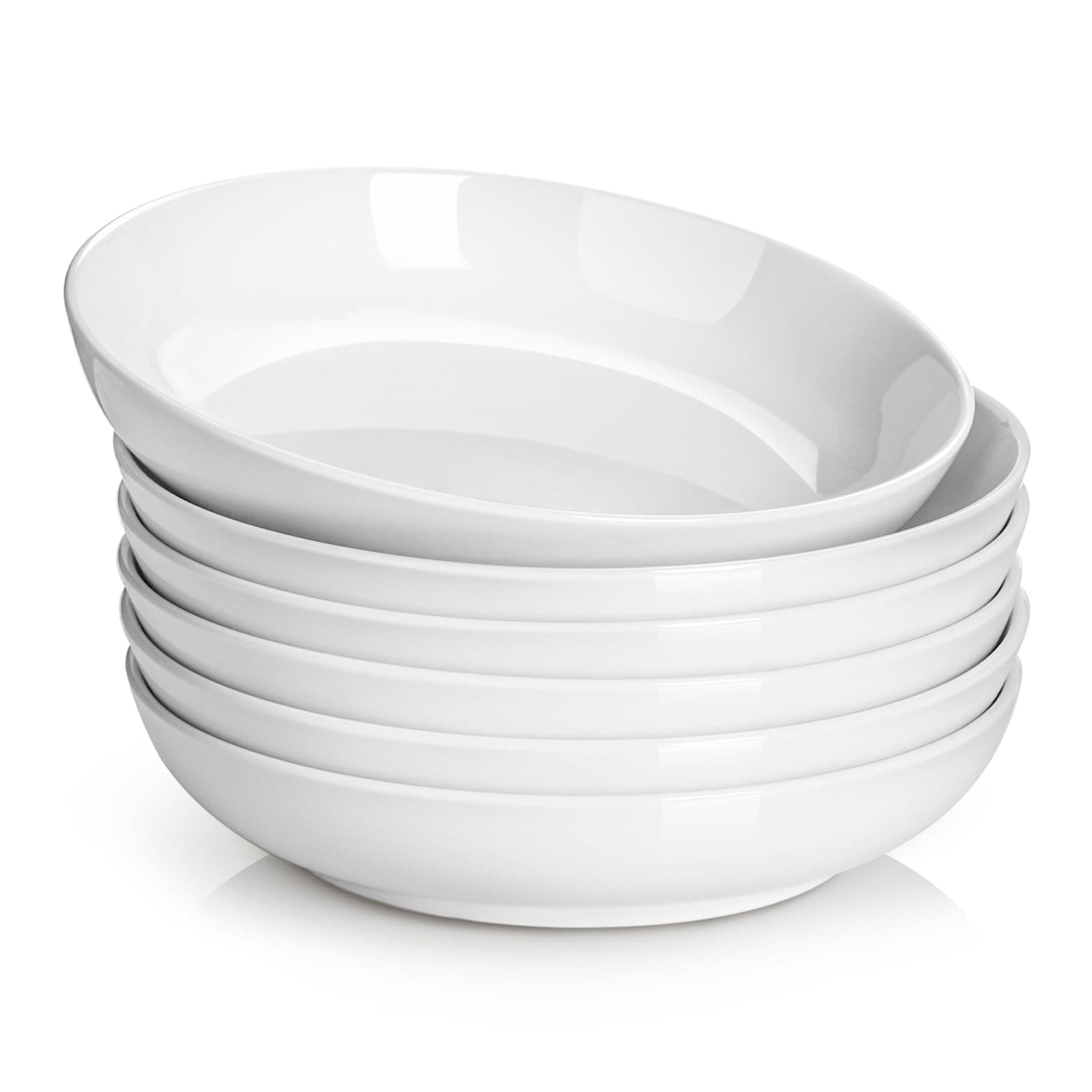 DOWAN Pasta Bowls 32oz, Large Salad Serving Bowls, White Pasta Bowl Set of 6, Ceramic Soup Bowls, Wide & Shallow, Microwave & Dishwasher Safe