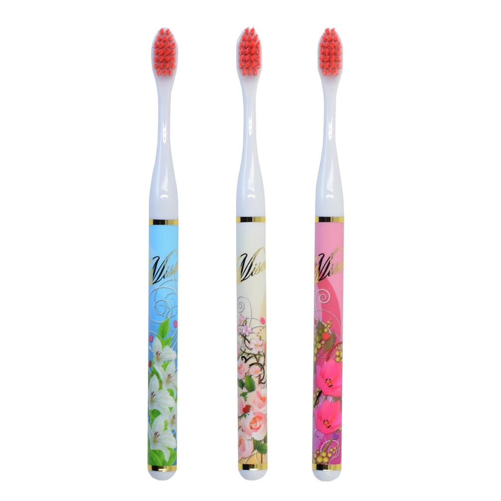 Kebaina Adult Beautiful Flower Pattern Toothbrush Fine Soft Bristles Blue Pink White Color 3 Pack