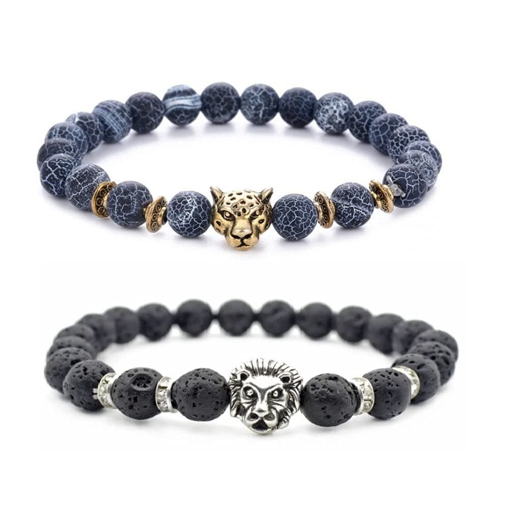 Jury Ricjurzzty 2 PCS Black Lava Stone Bracelets With Tiger and Lion Beads Natural Stones Gemstones Oil Diffuser Yoga Menditation Beads Bracelets for Men Women Girls Jewelry, One Size