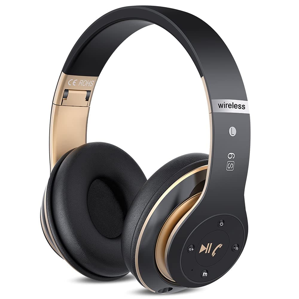 6S Wireless Headphones Over Ear,[40 Hrs Playtime] Hi-Fi Stereo Foldable Wireless Stereo Headsets with Built-in Mic,Volume Control, FM (Black & Gold)