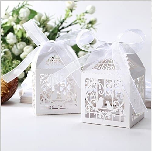 Saitec ® 50 Pack White Love Birds Laser Cut Favor Candy Box Bomboniere with Ribbons Bridal Shower Wedding Party Favors/ Love Heart and bird Laser Cut Candy Gift Boxes With Ribbon Wedding Party Favor