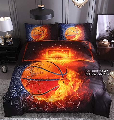 HTgroce 3D Sports Basketball Bedding Set for Boys, Ultra Soft and Breathable Microfiber Comforter Protector with Zipper Closure, Queen Size,3PCS,1 Duvet Cover+2 Pillow Shams,(No Comforter)