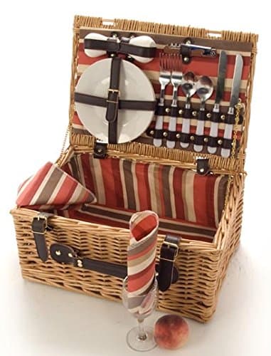 La Roca 2 Person Wicker Picnic Hamper Red Stripes By, Wicker Picnic Basket, With Ceramic Plates, Glasses And Cutlery