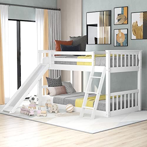 LostCat Twin Over Twin Floor Bunk Bed with Slide and Ladder,Solid Pine Wood Low Bunkbeds w/Safety Guardrails,No Box Spring Needed, Noise Free for Dorm, Bedroom, Guest Room White