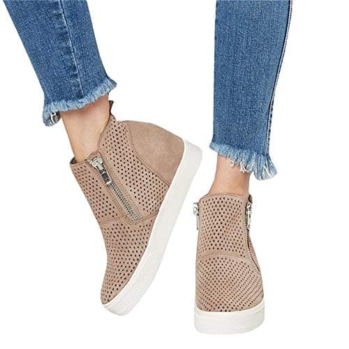 Women’s Platform Sneakers Hidden Wedges Side Zipper Faux Suede Perforated Ankle Booties