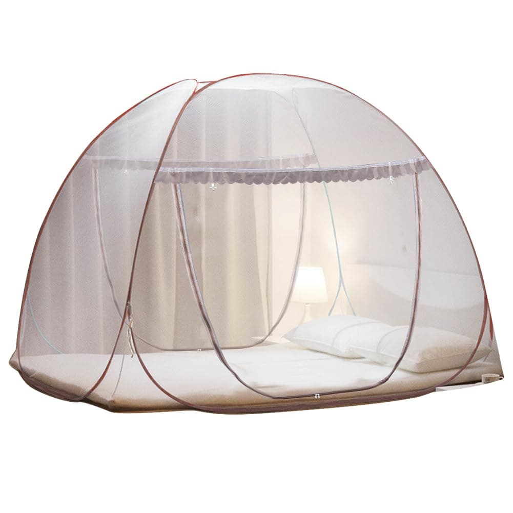 AMMER Portable Pop-Up Brown Mosquito Net Tent for Bed, L79 x W71 x H59 inch Large Folding Mosquito Netting with Net Bottom, 2 Entries, Suit for Twin to King Size Bed