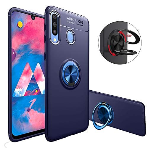 Soft Silicone Case for Samsung Galaxy A20S,Moiky Stylish Shockproof Ultra Slim Fit Phone Case with 360 Metal Ring Holder Stand Case for Samsung Galaxy A20S,Blue+Blue