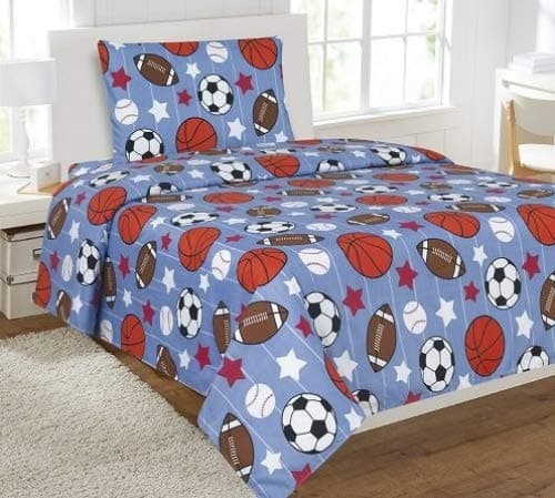 Elegant Homes Multicolor Blue White Orange Brown Sports Basketball Football Baseball Soccer 3 Piece Printed Twin Sheet Set with Pillowcase Flat Fitted Sheet for Boys/Kids/Teens # Game Day