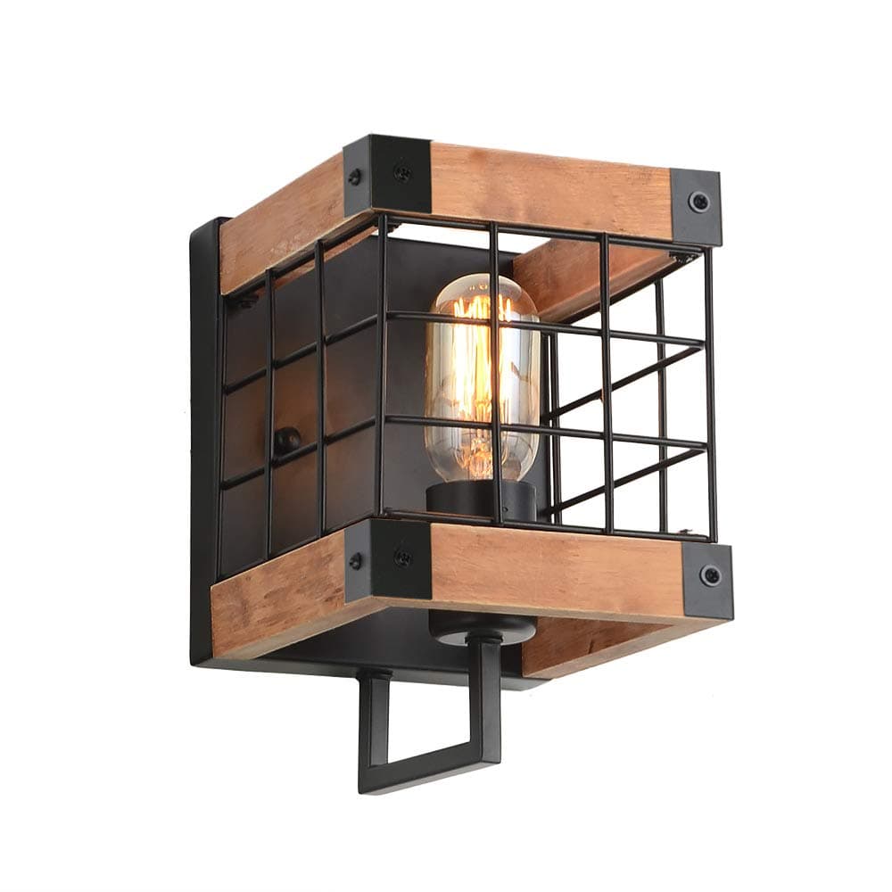 Anmytek Cube Wood Wall Lamp with Iron Mesh Cover Industrial Wall Sconce, Vintage Stylish Bathroom Lighting Log Cabin Home Retro Edison Sconce Lighting Fixtures 1-Light, Brown(W0043)
