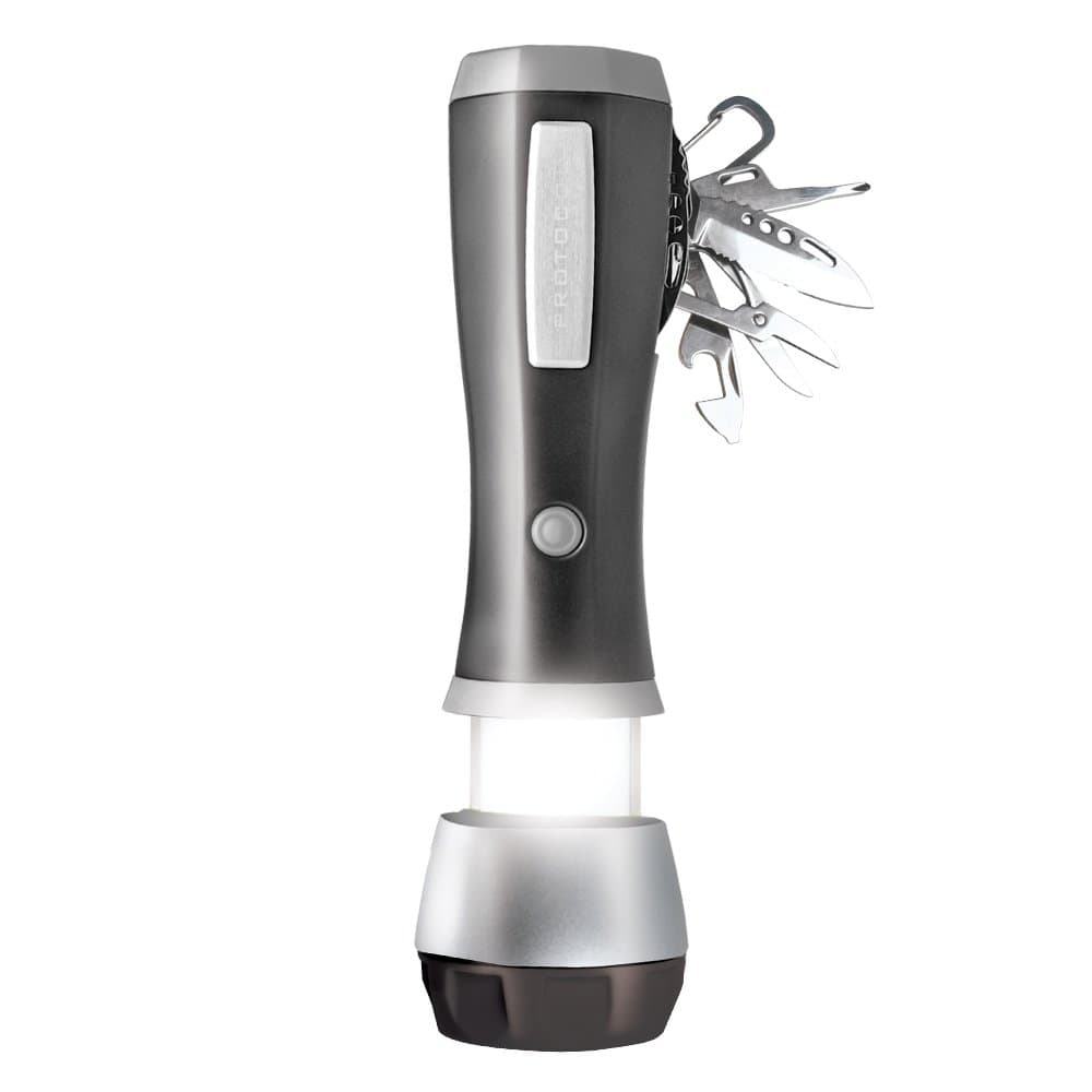 Protocol Flashlight Plus, Includes Flashlight, Lantern, Serrated Knife, Smooth Knife, Phillips Screwdriver, Slotted Screwdriver, can Opener, Bottle Opener, Scissors, Emergency flashers, Black, Large