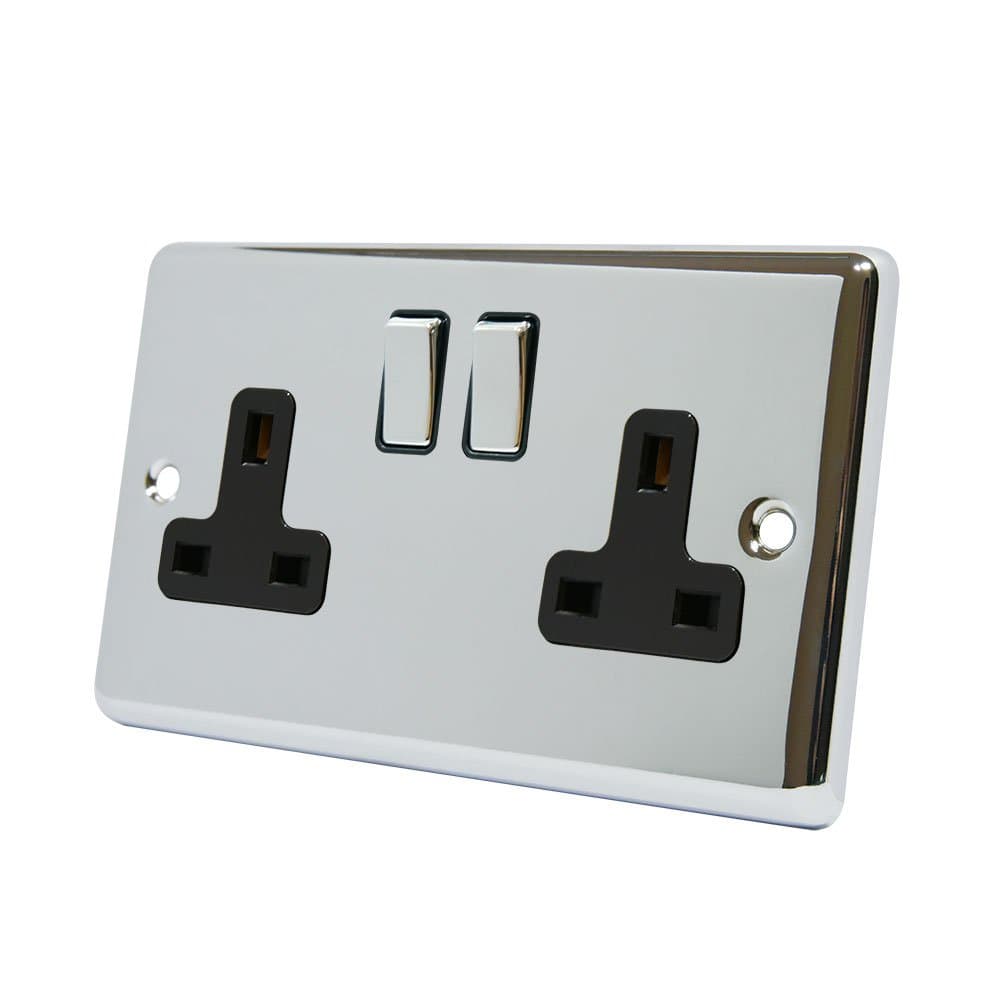 Alliance Electrical AET CPC2GSOCBC 13 A 2-Gang Polished Chrome Classical Double Plug Socket with Black Insert Metal Rocker Switches