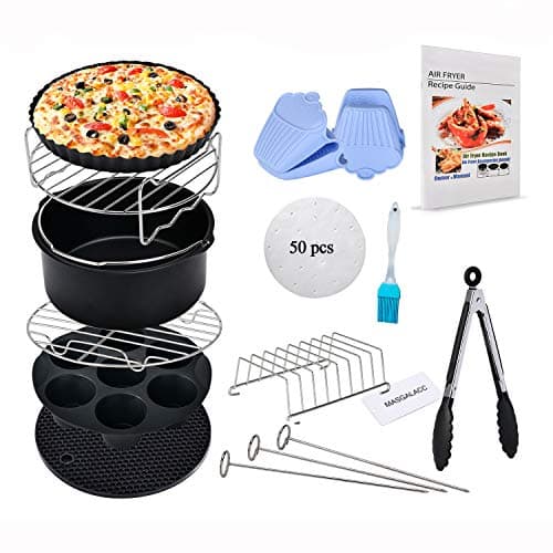 Air Fryer Accessories 13pcs Fits all 3.7QT- 4.2QT - 5.3QT for Gowise Phillips and Cozyna - Non-stick Barrel/Pan, Stainless Steel Holder, Silicone Mat, Cookbook Included