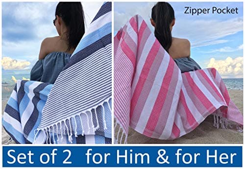 Lux Oversized 38x68 Absorbent Cotton Beach Towel W/Hidden Zipper Pocket 100% Natural Turkish Cotton XL - Sand Free Lightweight Quick Dry | Poolside Sunbed Throw for Men Women (Boys + Girl Set)