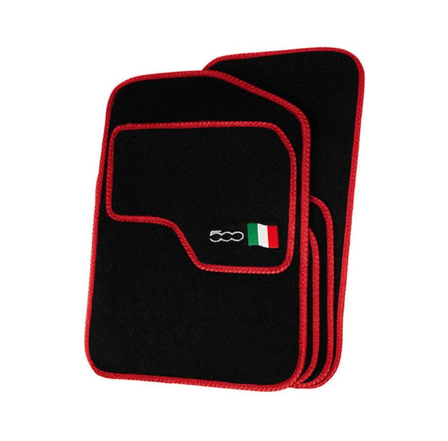 Precision 500 Logo On Black Car Mats For Fiat 500 2013-2020 Classic Red Trim - VSS Mats