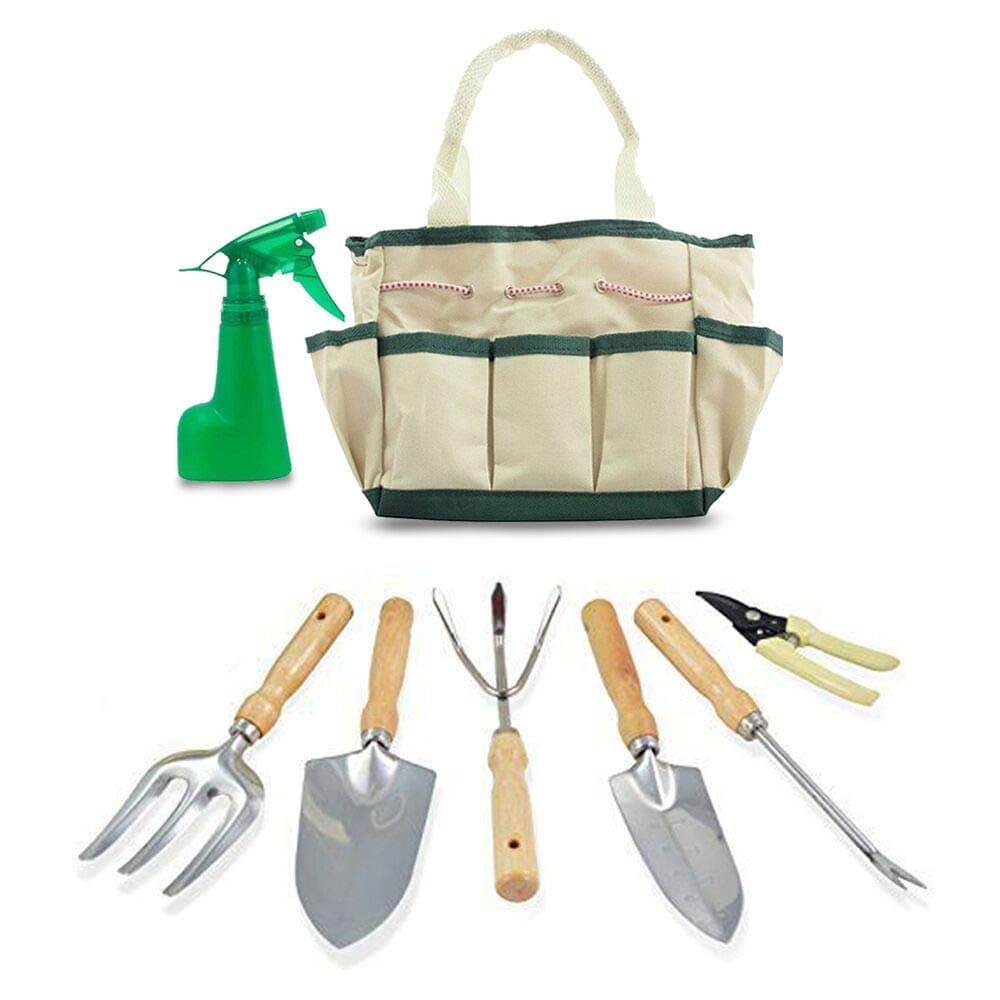 7 Piece Stainless Steel Garden Tools,Includes 3 Tools, 2 Pruners, 1 Sprayer for Indoor Bonsai, Planters, Small or Kids Garden